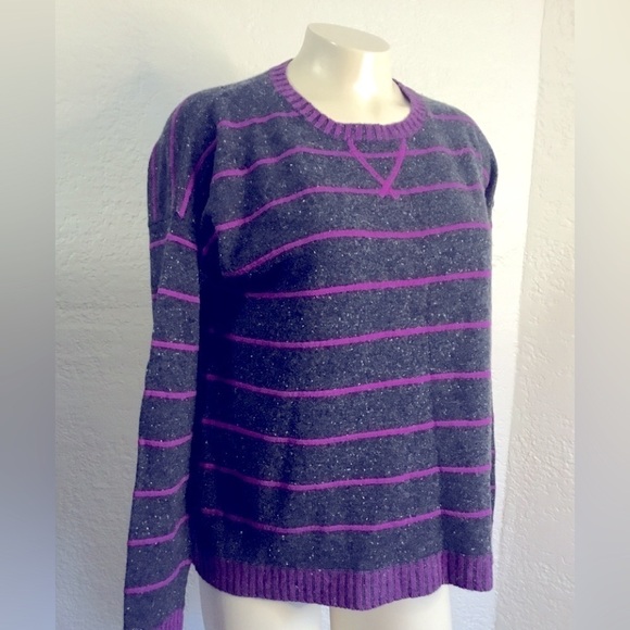 AUTUMN CASHMERE OFF BLACK /PURPLE STRIPED SWEATER SMALL - Picture 2 of 7